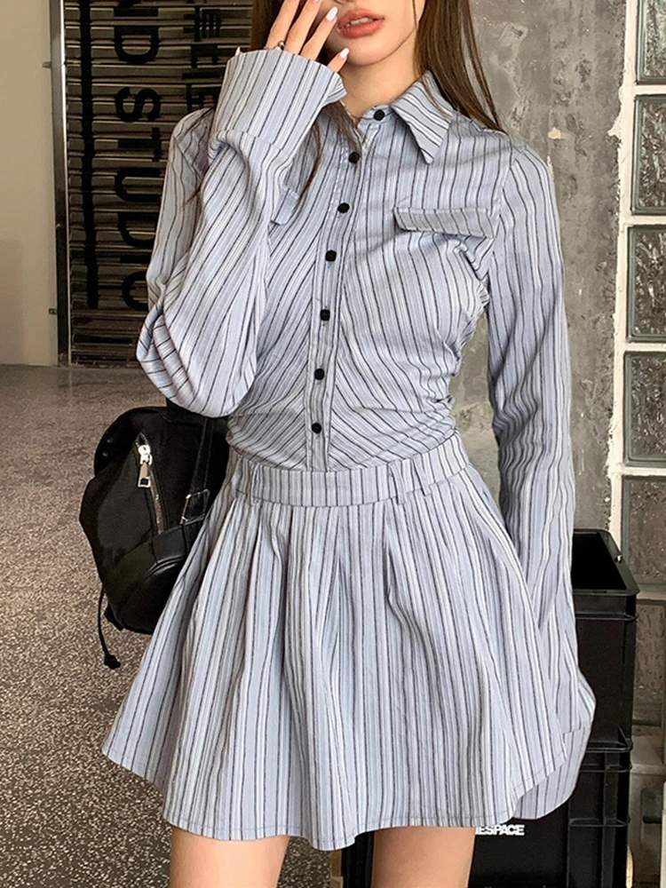 

Chicly Single Breasted Fashion Striped Elegant Female Dresses Autumn New Classic Long Sleeves Spell Color Simple Dress for Women