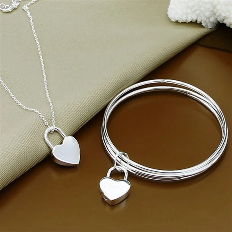 

Fine 925 Sterling silver Charms heart Necklace Bangle 6.5cm jewelry sets female lady women wedding fashion set