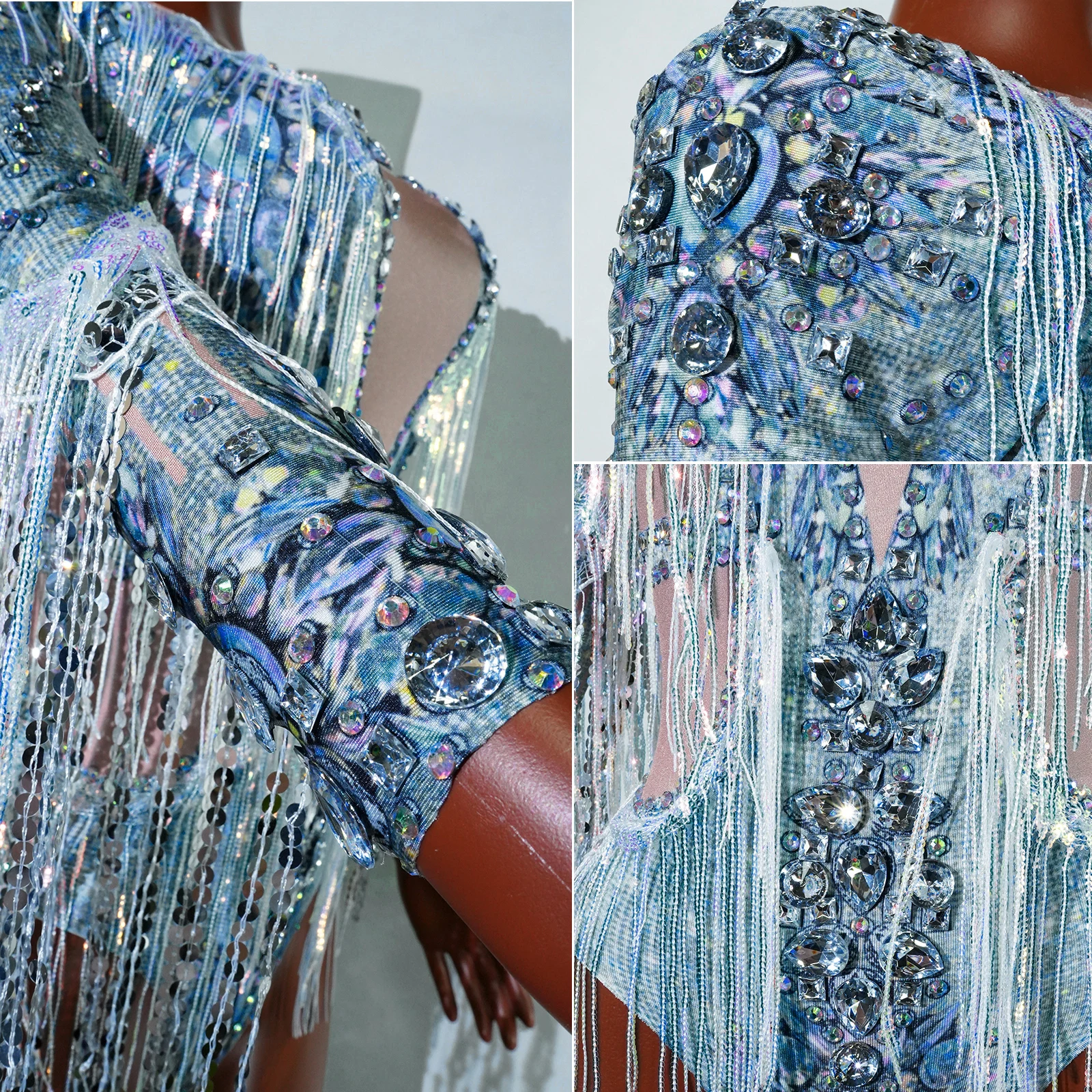 Sparkly Rhinestones Sequins Fringes Printing Bodysuit Nightclub Party Performance Singer Dancer  Drag Queen Outfit Stage Wear