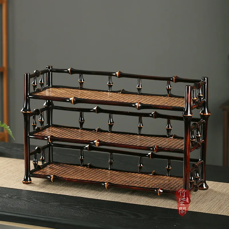 Bamboo Qi Pavilion Lacquer Bamboo Cup Holder Bamboo Weaving Tea Shed Tabletop Ornaments Bogu Rack Tea Set Storage Rack Display R