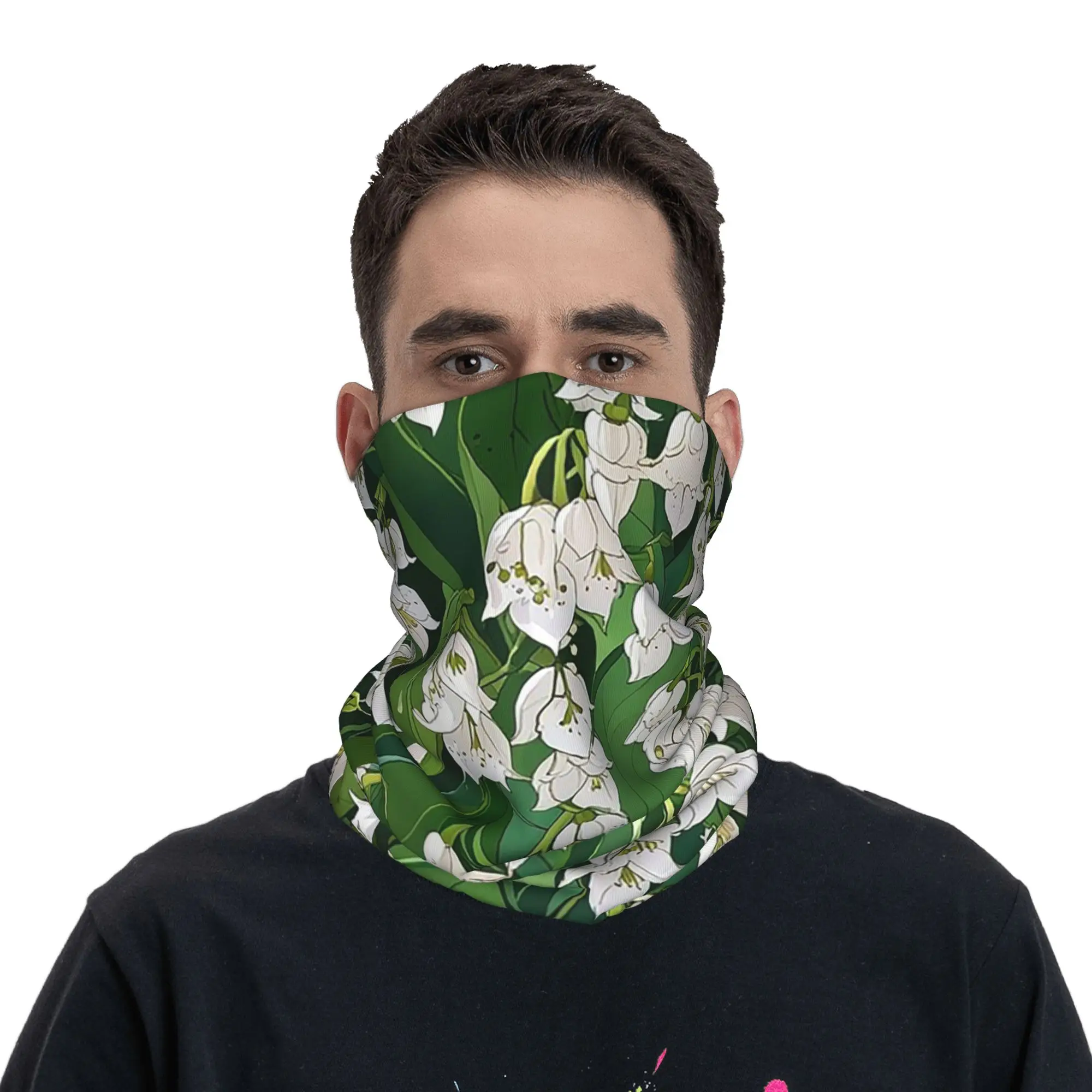 Lily of the Valley white flowers pattern Bandana Neck Gaiter Printed Wrap Scarf Cycling Scarf Hiking Fishing for Men Women Adult