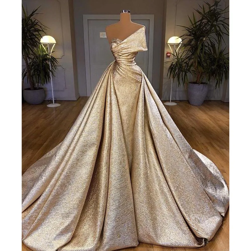 Elegant Champagne Evening Dress Fashion Strapless Sleeveless Pleat Draped Mermaid Party Gowns Chic Floor Length Women Prom Dress