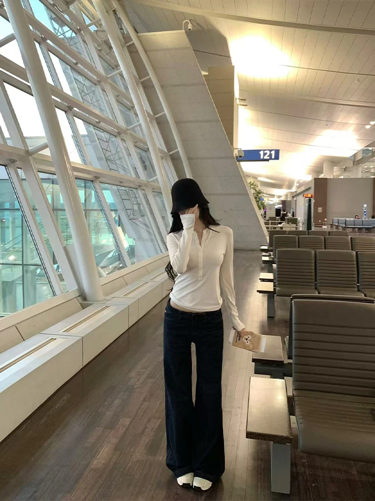 

Темно-синие прямые джинсы GYO, широкие брюки с высокой талией, повседневные износостойкие джинсовые женские джинсы, всесезонные