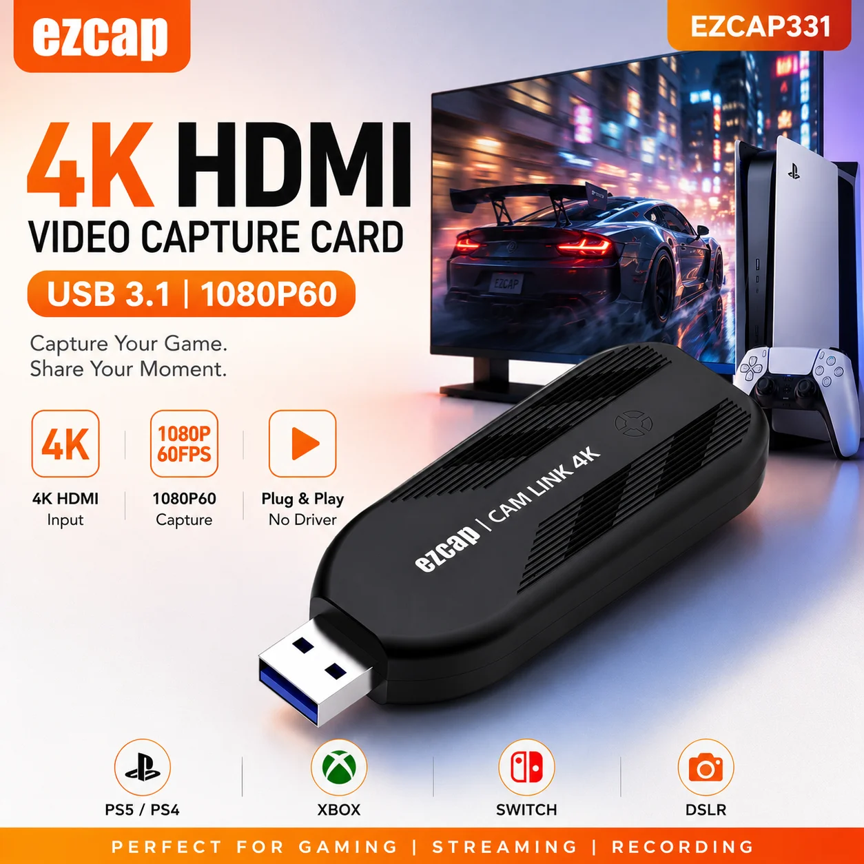Ezcap331P 4K HDMI Video Capture Card USB3.1 1080P60 Game Recorder for DSLR Camera PS5 Xbox Switch Live Streaming Video Grabber