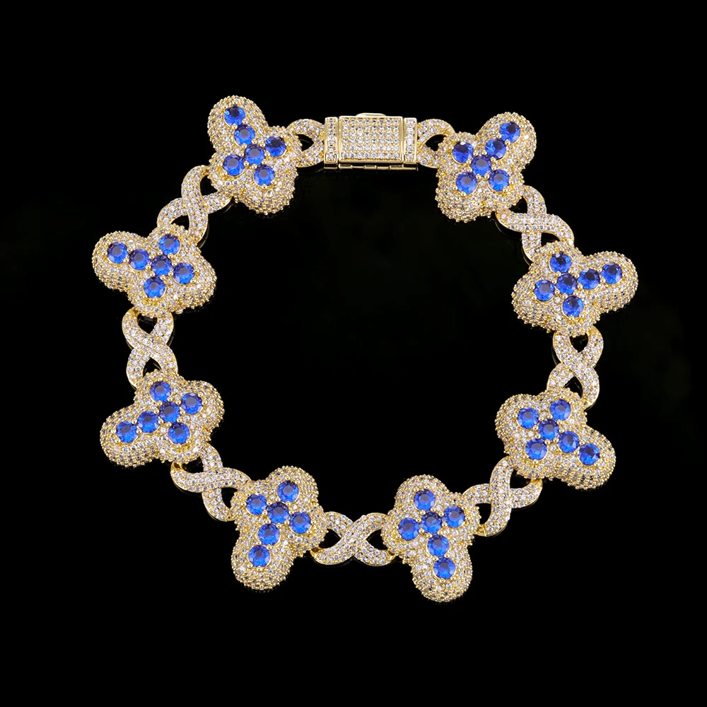 NY estilo Hip Hop personalizado azul y blanco circón cadena cubana 20mm de ancho Cruz cubo helado Zirconia joyería de moda pulsera de regalo