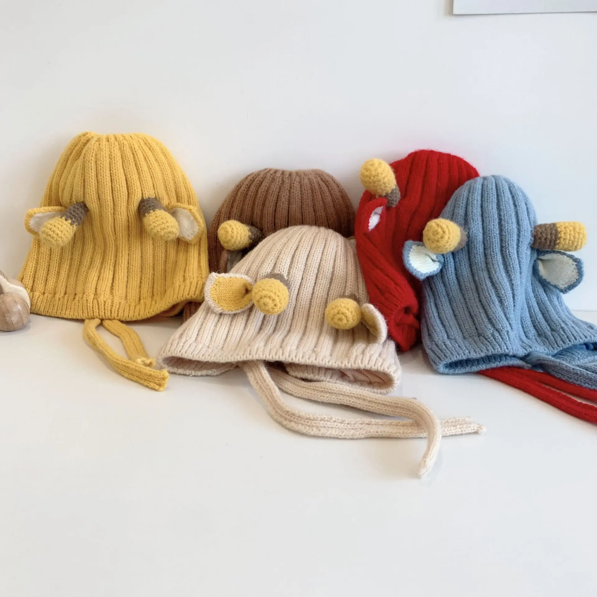 Cute Baby Autumn Winter Thick Warm Hats Knit Deer Ears Caps for Newborn Infant Beanies with Windproof Rope 6-24months