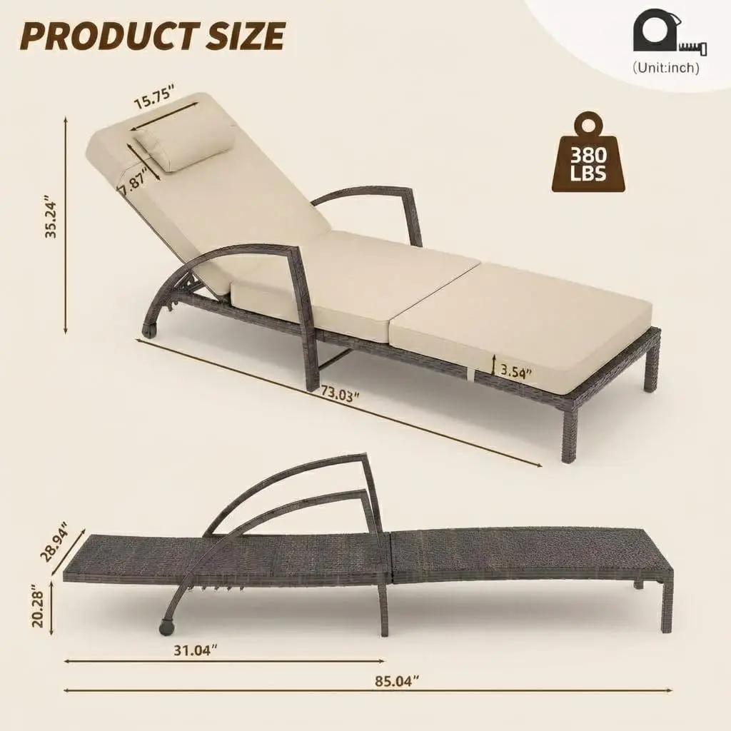 Outdoor Chaise Lounge Set of 2, 5-Position Adjustable PE Wicker Reclining Chairs with Wheels & 3.5
