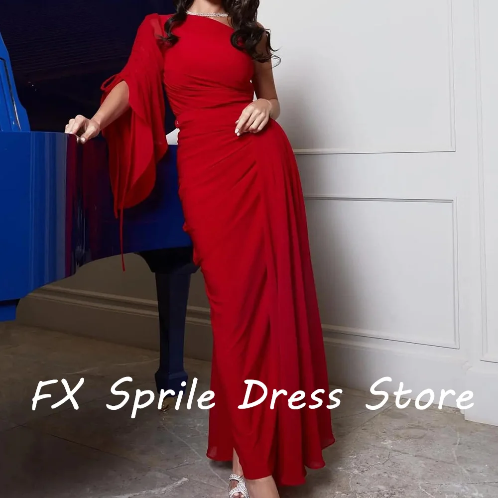 Boat Neck One Shoulder Chiffon 3/4 Sleeves Sheath Ankle Length Elegant Solid Color Evening Party Dresses Woman Custom Size 2024