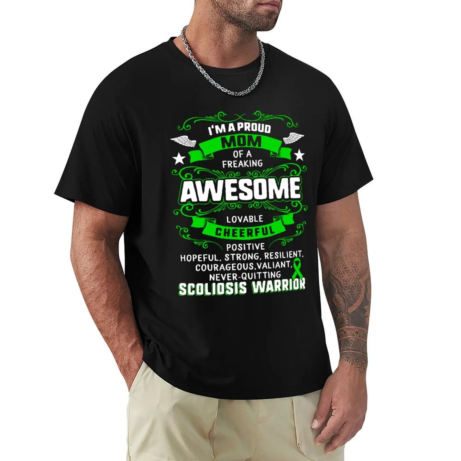 I'm A Proud Mom of Scoliosis Warrior Awareness Month Green Ribbon Strong Survivor Family Support Gift T-Shirt