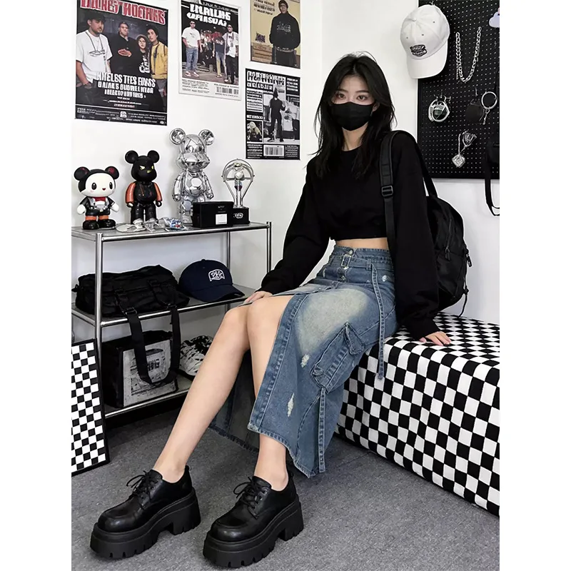 Women Blue Washed Denim Cargo Midi Skirt High Waist Belted Button Front Slit Distressed Vintage Fashion Streetwear Skirt Bottom