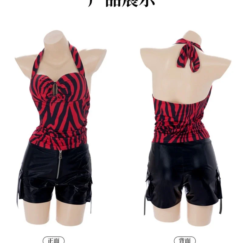 Women Halloween Cosplay Costume Obsession, Nikki Outfit Red Black Zebra, Halter Top Shorts Set Movie, Role Play Party Stage Suit