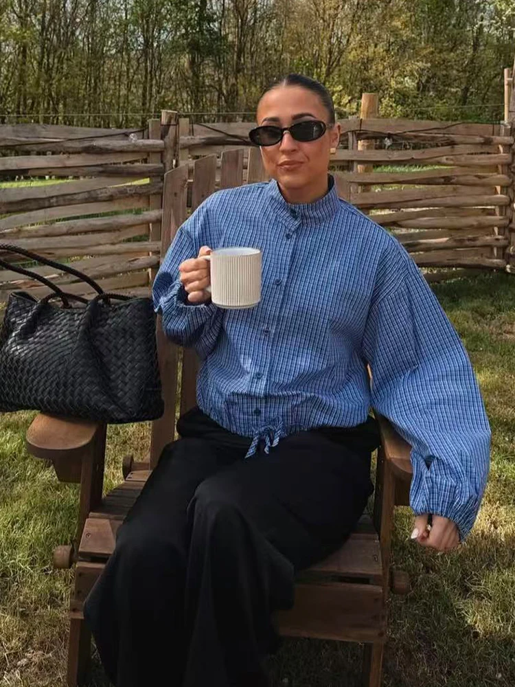 TFMLN Women's High Collar Button Up Shirt Long Sleeve Loose Tops Spring Autumn Single Breasted Lace Up Short Shirt Coat Female