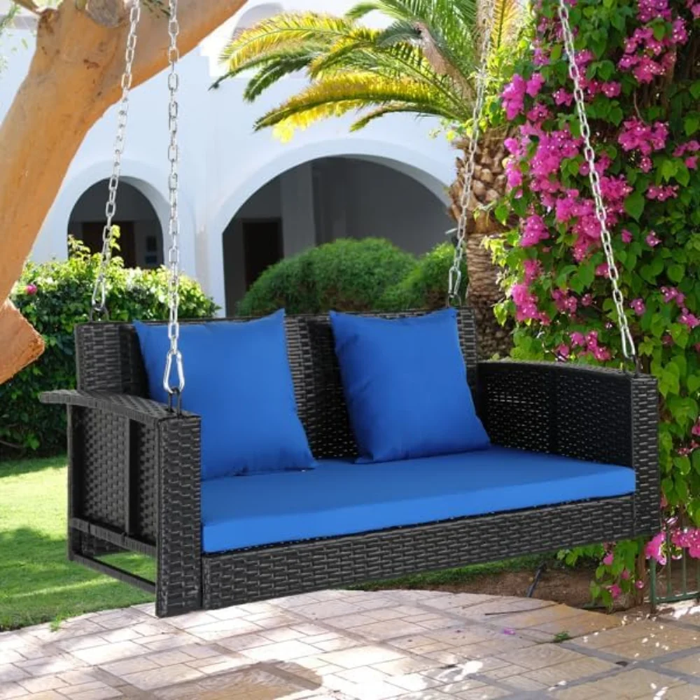 

4FT Rattan Porch Swing,2-Seats Hanging Porch Swing Chair Outdoor Black Rattan Patio Swing Wicker Swing Lounge 2 Blue Cushions