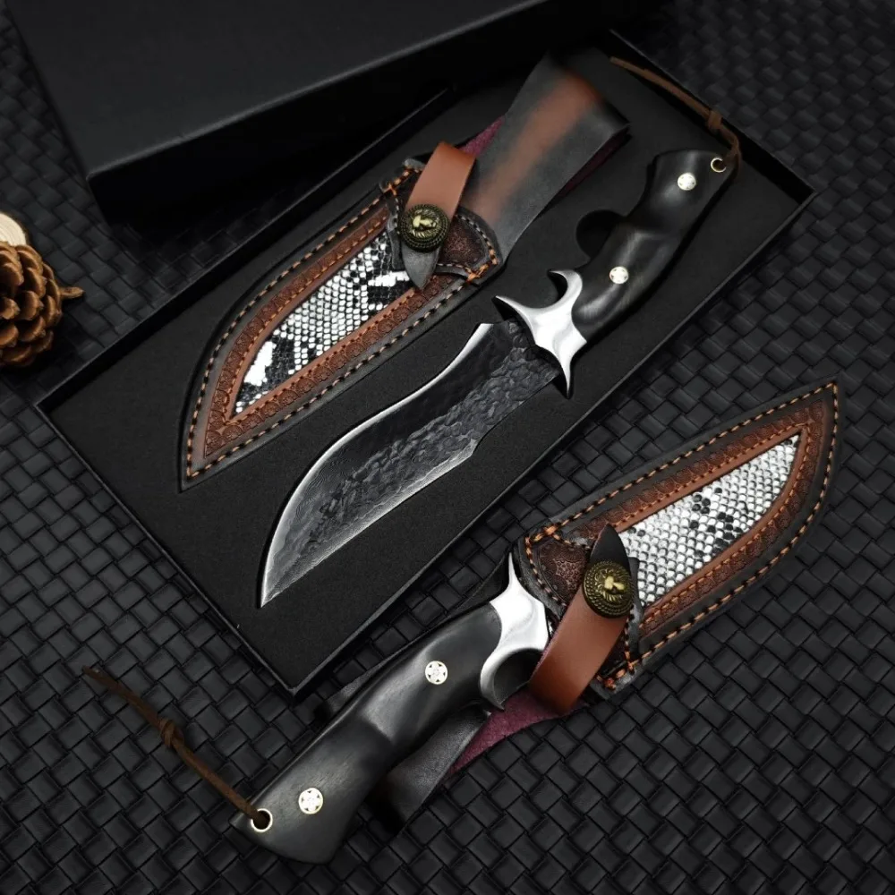 High Hardness  Damascus Blade Ebony Handle Fixed Blade Pocket Knife EDC Outdoor Field Survival Tool Camping Knives with Gift Box
