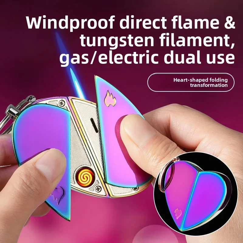 New Creative Love Windproof Gas Electric Double Fold Lighter Love Keychain Electronic Lighter Valentine's Day Smoking Gift