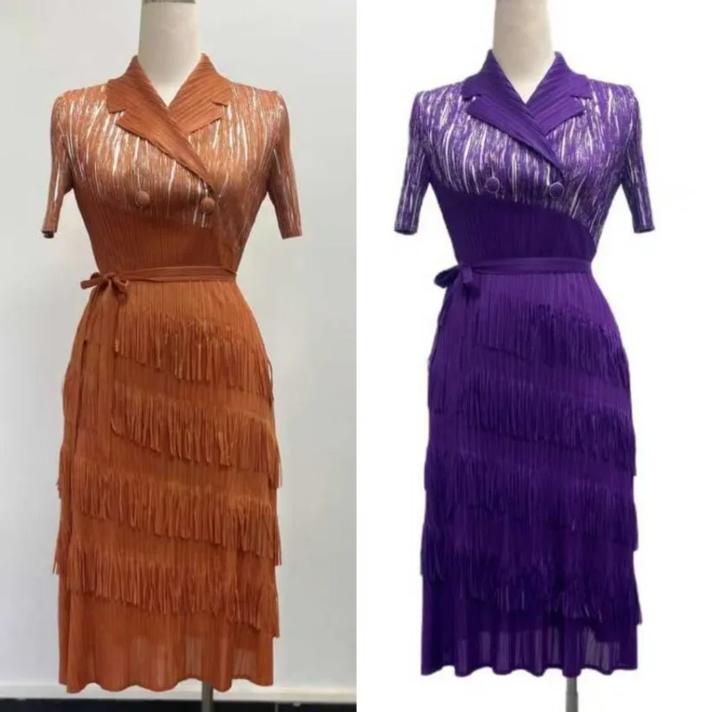 

Miyake плиссированные платья больших размеров 2022, бахрома с золотым тиснением, воротник костюма, женская длинная юбка со складками, осеннее новое поступление