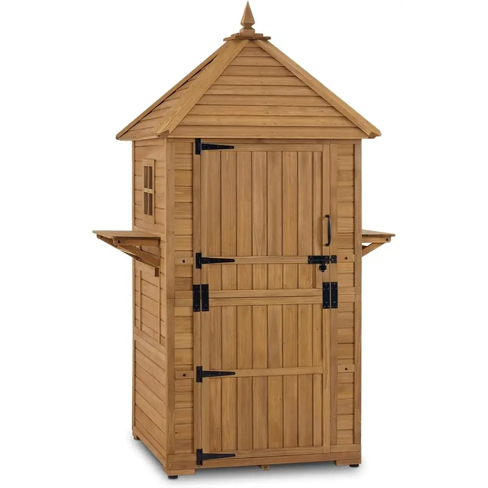 

6-Shelf Outdoor Wooden Storage Shed with Folding Tables for Garden and Patio Use