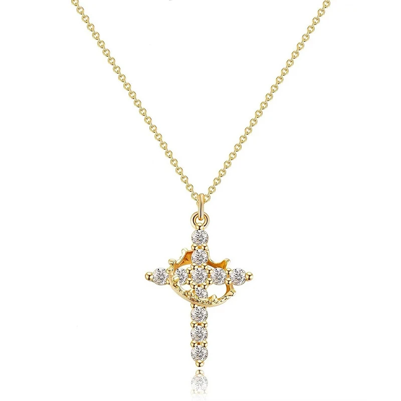 Exquisite Zirkon Kreuz Anhänger Halskette für Frauen Trendy Licht Luxus Gold Farbe Drehbare Krone Halskette Schmuck Großhandel – Detail 3