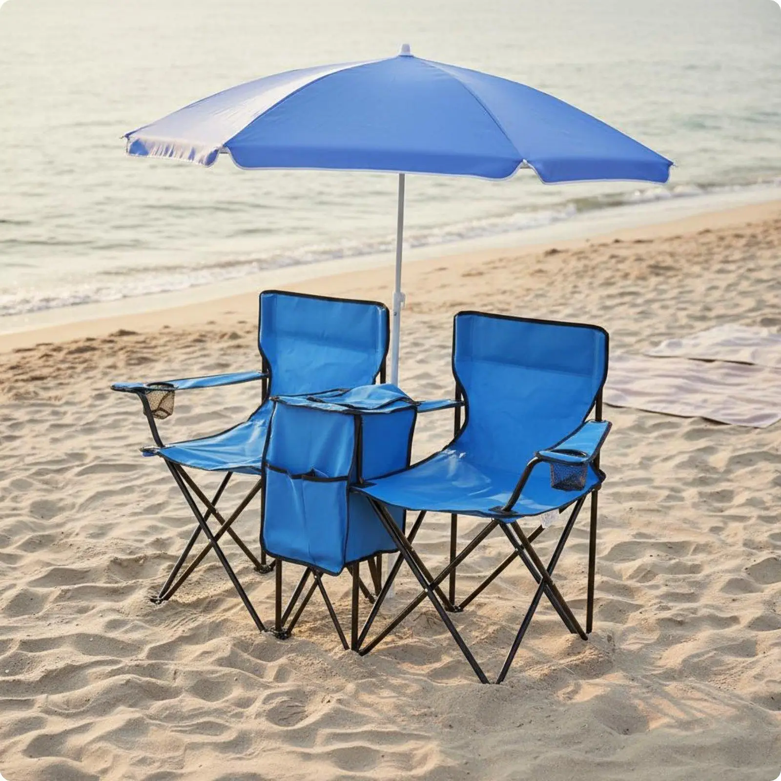 Portable Double Leisure Chair with Umbrella Folding Outdoor Loveseat for Camping Garden Patio Fishing