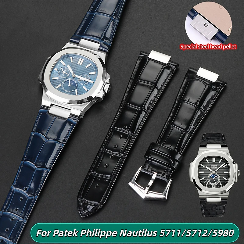 Genuine Leather Watchband For Patek Philippe Nautilus Series 5711 5712 5980 Cowhide Waterproof Watch Strap with Steel Joint 25mm