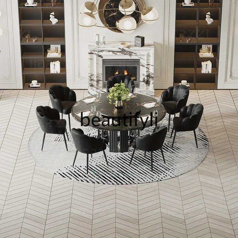 

Natural supercrystalline stone villa light luxury round dining table turntable non-marble commercial large family dining table