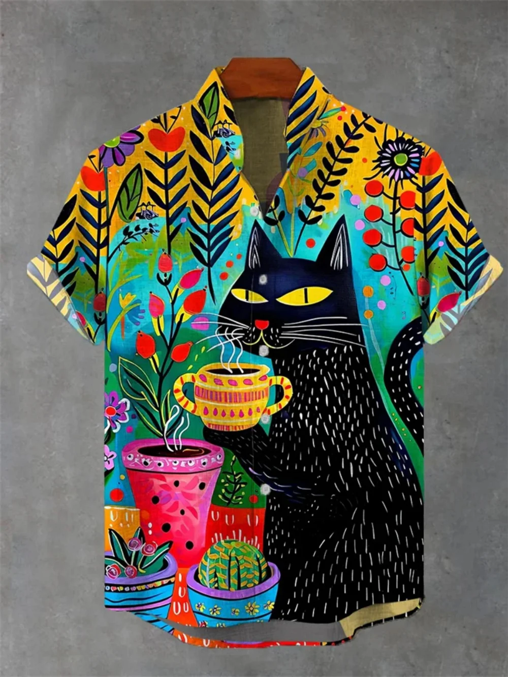 Men's Short Sleeve Linen Shirt Fashionable Stand up Collar Creative Cat Print Abstract Elements Popular Men's Clothing