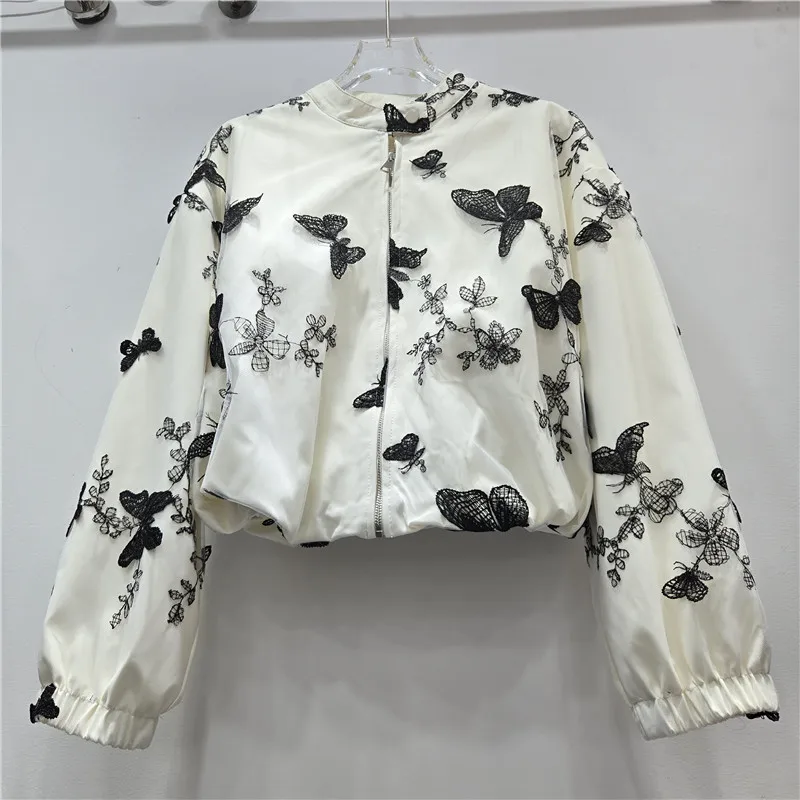WTHT Trendy 2026 Women Zipper Design Mesh Spliced Butterfly Short Baseball Coat New Long-sleeve Crew Neck Jacket Female 1LS3177