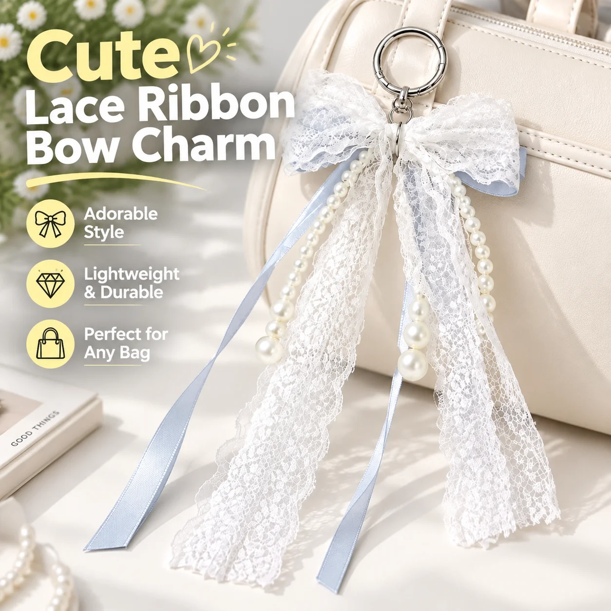 Cute Double Layer Lace Ribbon Pearl Bow Keychain Bag Charm Fabric Pendant Ornament for Backpack Handbag AirPods Ins Style