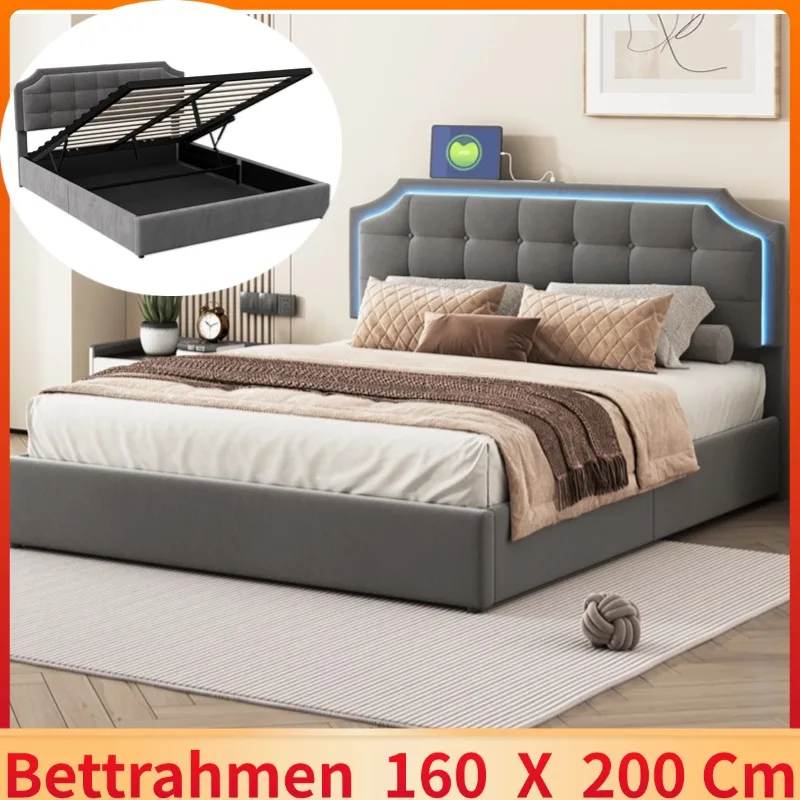 Upholstered storage bed 160x200CM with slatted base,Double bed， Adult bed with lighting strip and USB ,flannel, black