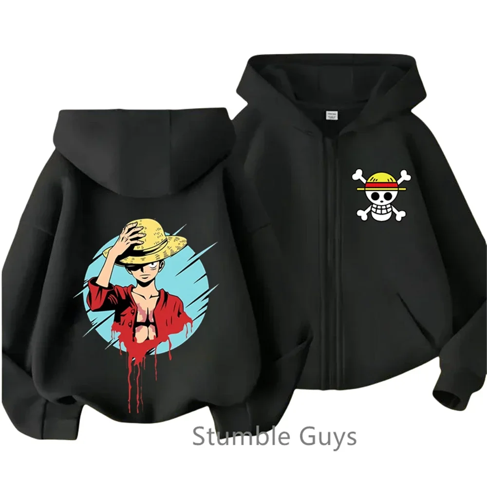 One Pieces Zipper Hoodie Kids Cartoon Print Clothes Anime Long-sleeved Luffy Zoro Hooded Sweatshirt Casual Top for Boys Girls