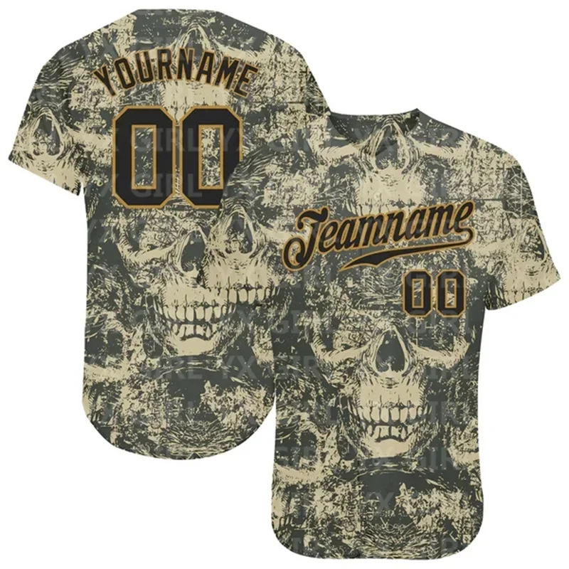 Autêntico Baseball Jersey, 3D Pattern Design, Halloween Padrão com Abóboras, Branco, Ouro, Preto, Personalizado