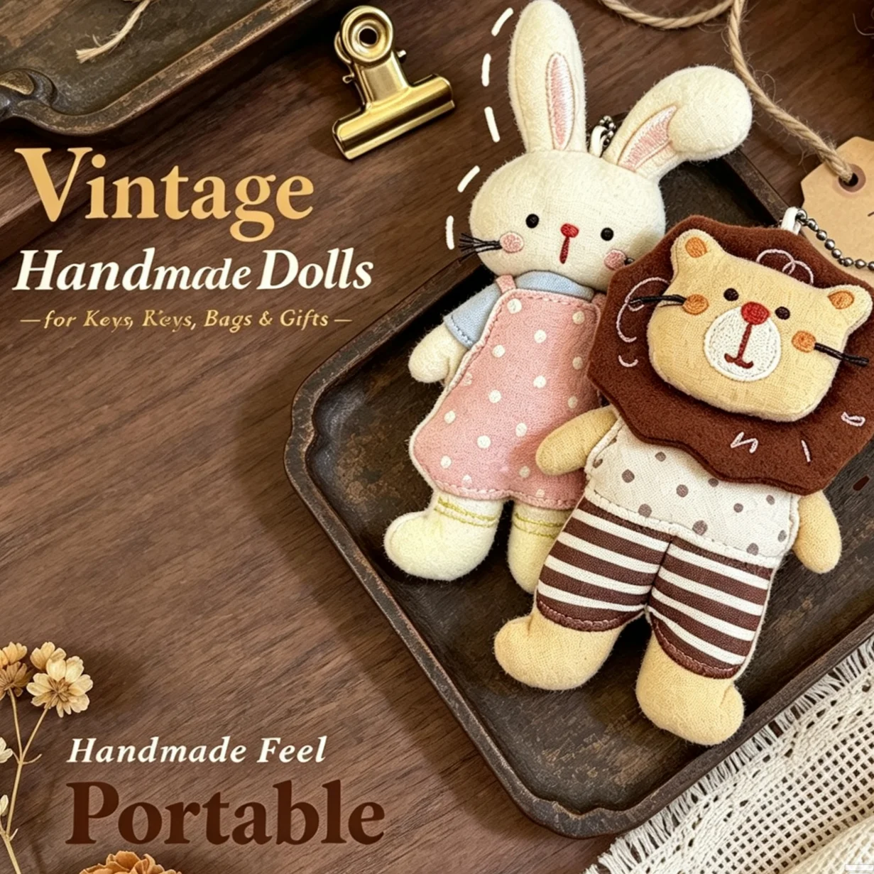 Trendy Plush Animal Keychain Cute Rabbit Lion Stuffed Doll Pendant Portable Bag Charm for Travel Accessory