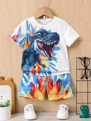 Junge Cartoon Dinosaurier Set Shorts und T-Shirt Kurzarm Rundhals lässig Sommer Kinderkleidung leicht und atmungsaktiv