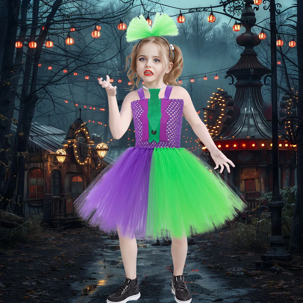 Kid Purim Cute Naughty Clown Costume Purple Green Circus Cosplay Carnival Halloween Fancy Party Dress Tulle Girls Tutu Dress