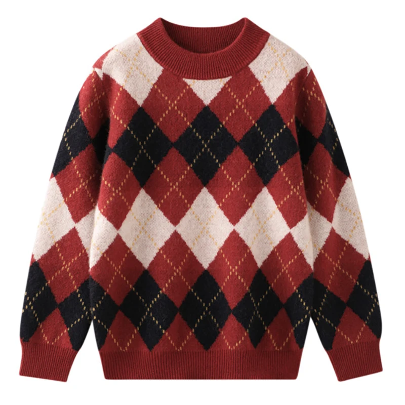 

Boys 100% wool Sweater winter Quality Diamond Pattern Kids Cashmere thicken Warm Girls Pullover Wool Clothes Childrens Sweater