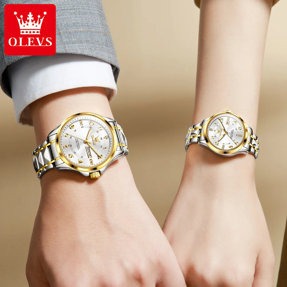 OLEVS-Montre de couple en acier inoxydable pour hommes et femmes, montres de mariage à cadran numérique, marque de luxe, montre-bracelet à quartz pour amoureux, mode