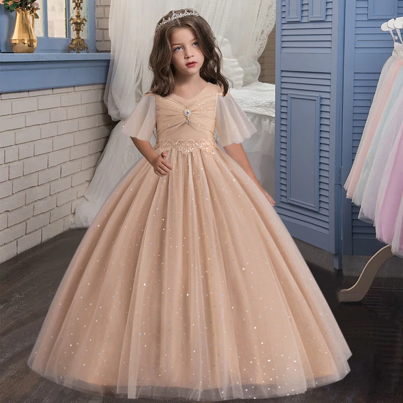 Children's half sleeved off shoulder princess dress 5-14 year old girl sequins waistline poncho dress presenter temperament dres