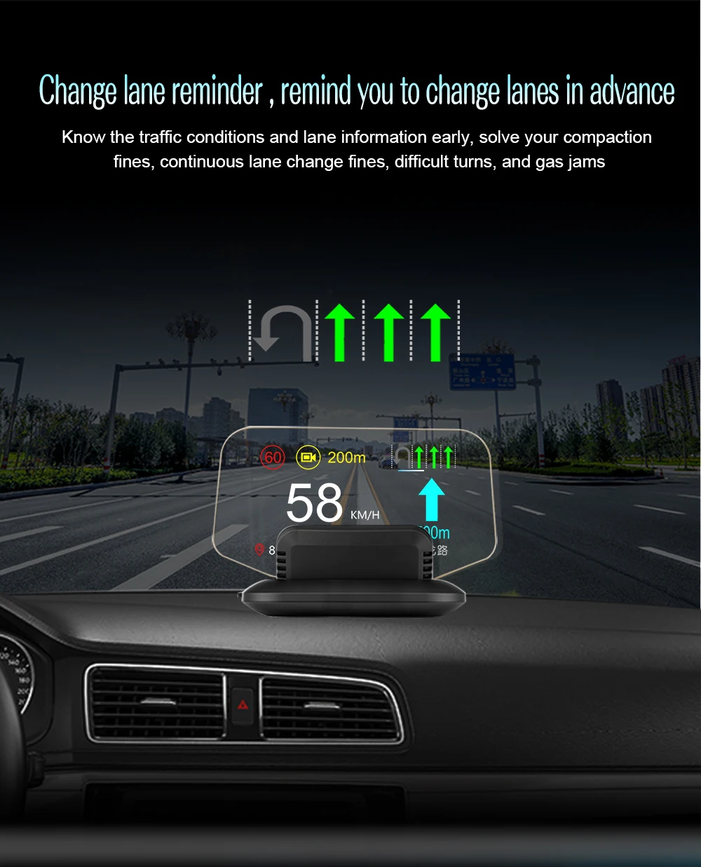 with multi alarms C1 OBD2+GPS dual-mode Head up Display Speedometer for Bluetooth Navigation Auto Meter on Reflective Mirror