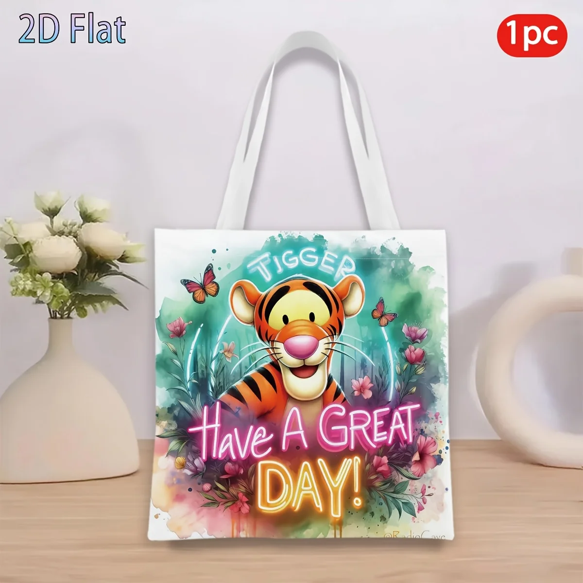 1pc Tigger "Have A Great Day!" Watercolor Floral Print Tote 