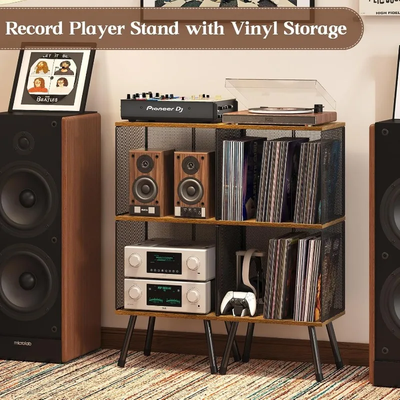 Vinyl Record Storage Rack 2-Tier with Adjustable Dividers - Retro Storage Box for Classical Music, Home Decor for Living Room view 2