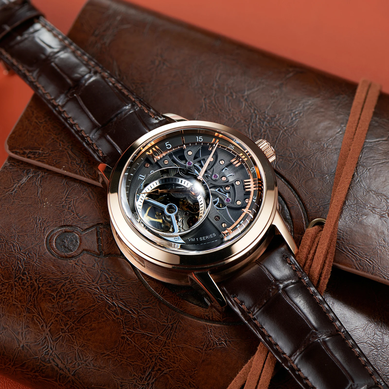 OBLVLO-relojes de moda de diseñador para hombres, esfera de esqueleto, acero negro, automático, autoviento, correa de cuero genuino VM
