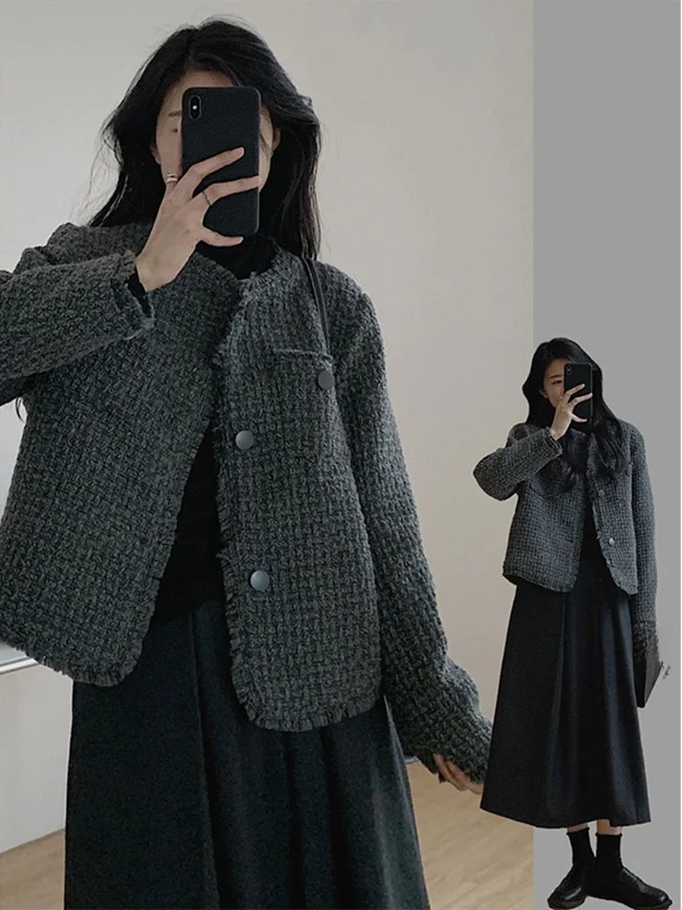 Fashionable Short Woolen Coat Women's Spring Autumn Loose Long Sleeve Tassel  Simple Style Outerwear Lady's Warm Top