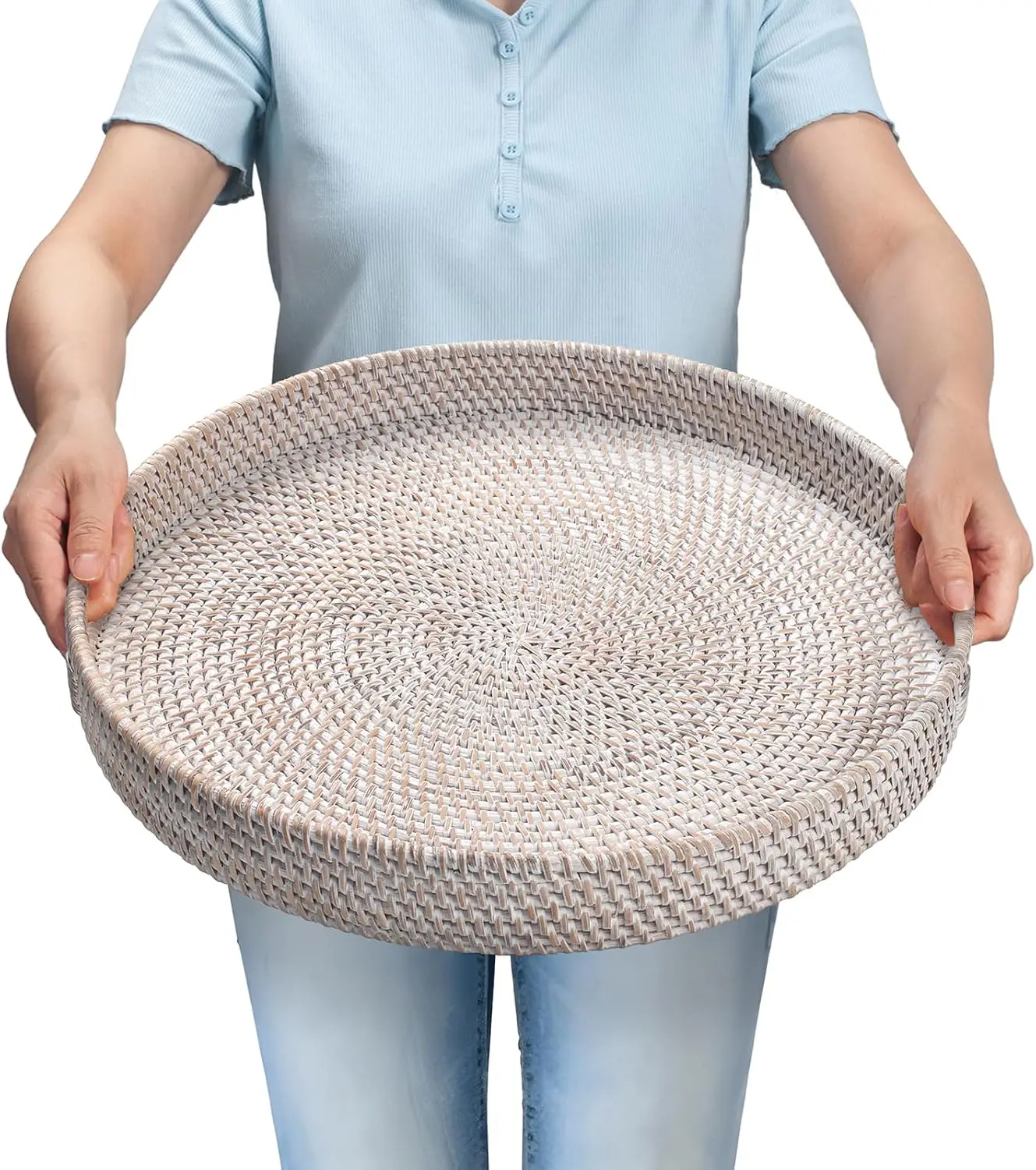 

16.9 Inch Round Woven Rattan Tray with Handles, Large Serving Basket for Coffee Table Decor in Whitewash