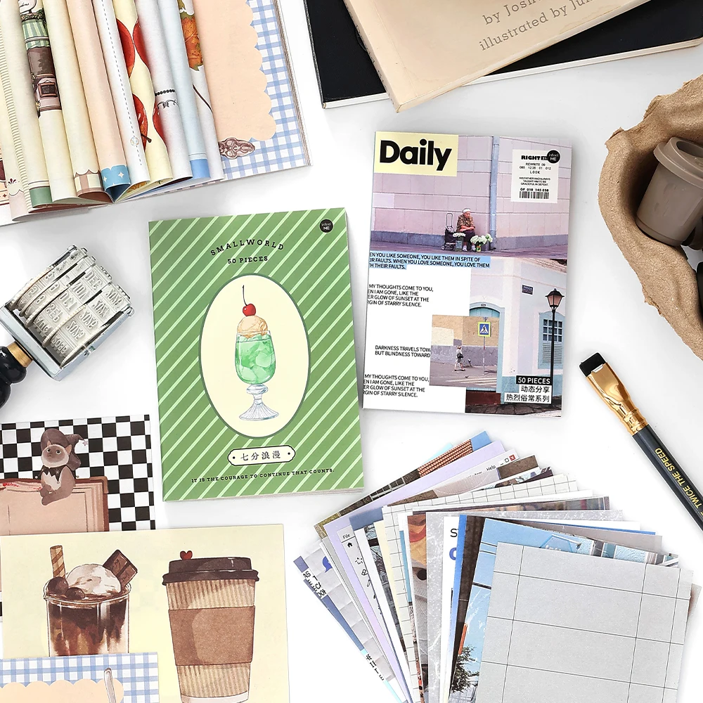 50Sheets Retro Ins Memo Pad Material Book Decorative Paper Creative Collage Junk Journal DIY Scrapbooking Aesthetic Craft Paper