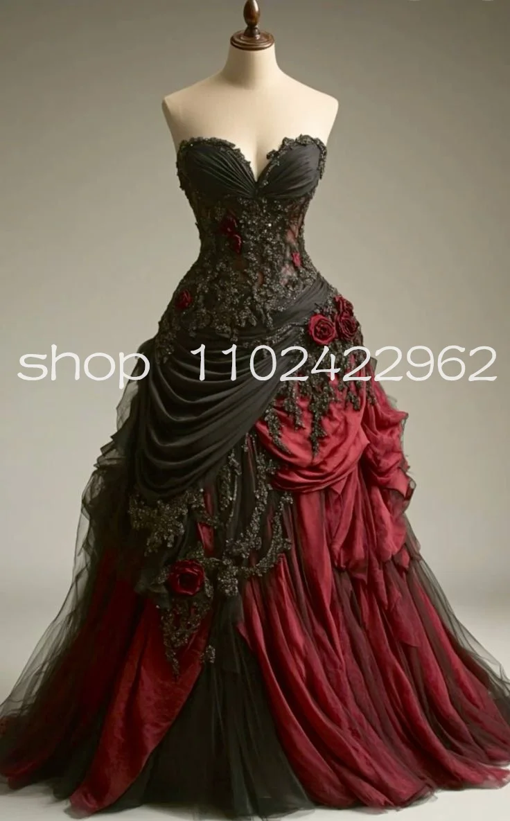 Black Burgundy Gothic Victorian Wedding Dresses 2025 Sweetheart 3D Rose Floral Pleated Corset Bridal Gown Costume Movie