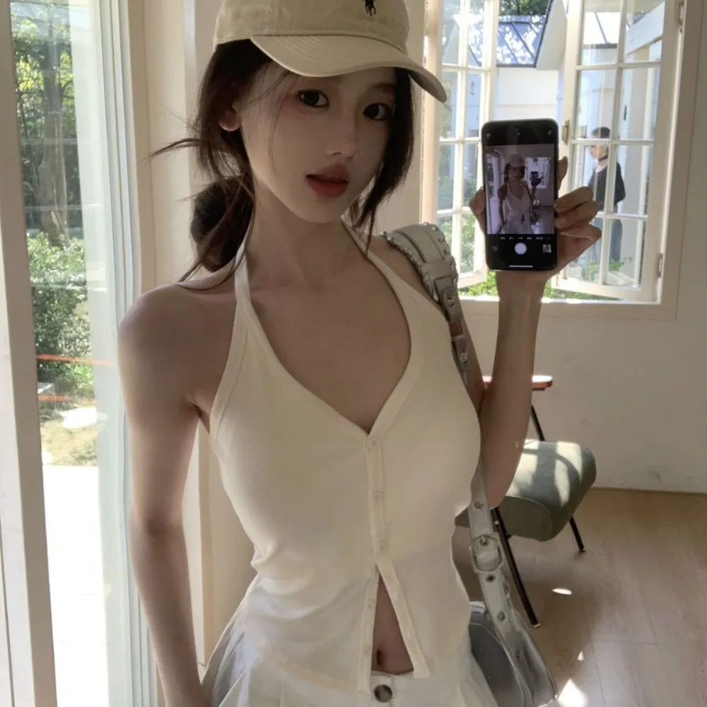 Halter V-Neck Single Breasted Padded Top for Women Sleeveless Backless Cami Fashion Summer Hot Girl Slim Fit Going Out Vest