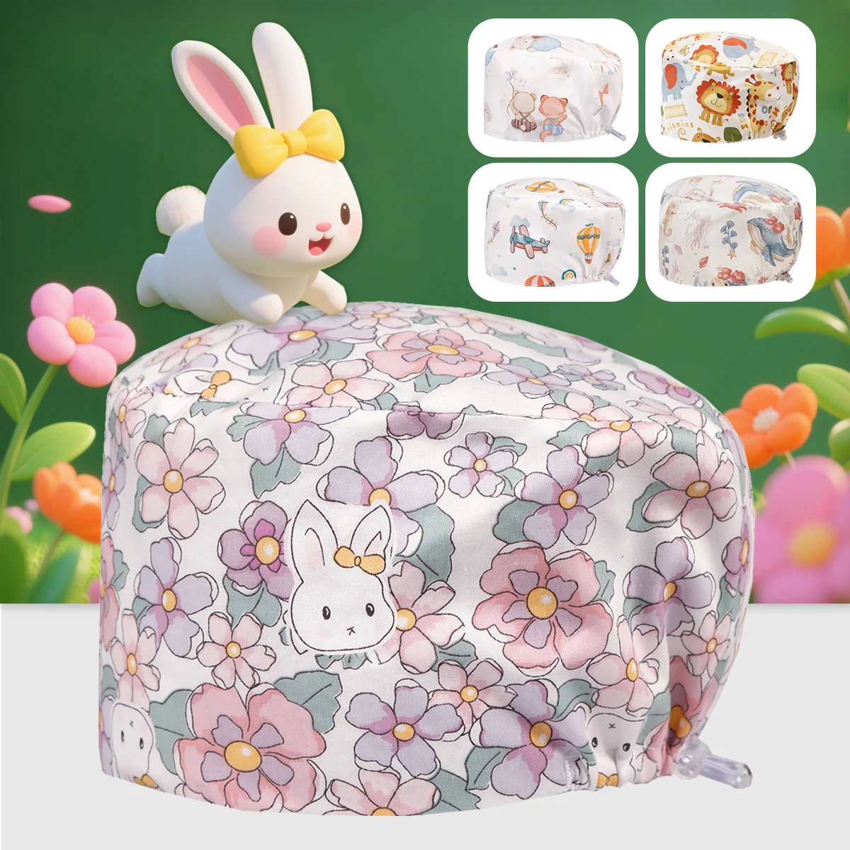 Lucky Bunny Print Caps Women Surgical Hat Medical Caps Dental Clinic Pet Hospital Nursing Hats Beauty Salon Working Caps K1198