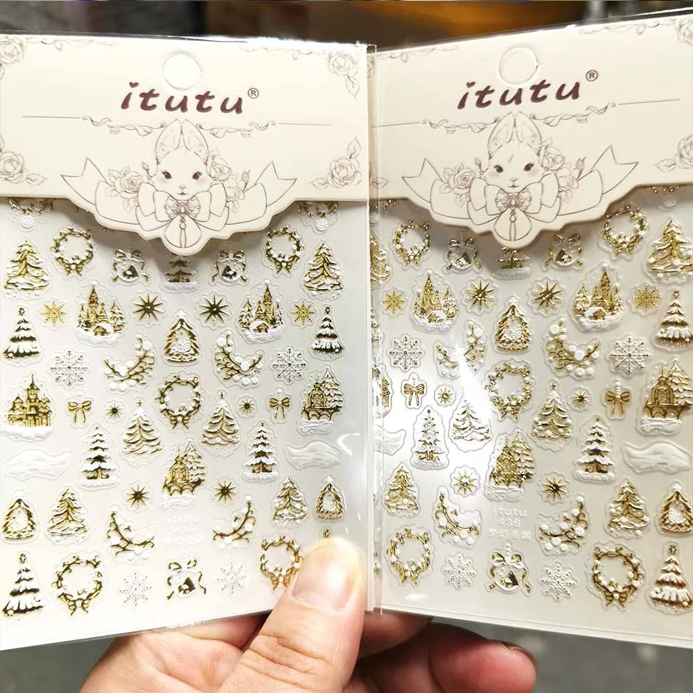1/2pc 5D Golden Christmas Nail Art Stickers Exquisite Embossed Xmas Tree Wreath Snowflake Castle Elk Nail Decal Xmas Nail Slider