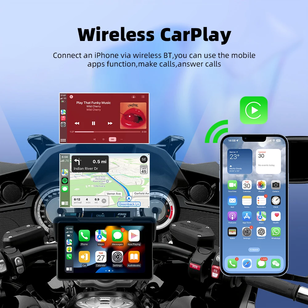 EKIY Wireless CarPlay Moto Android Auto 7.0 بوصة لوحة قيادة رقمية محمولة للدراجات النارية نظام تحديد المواقع والملاحة شاشة عرض
