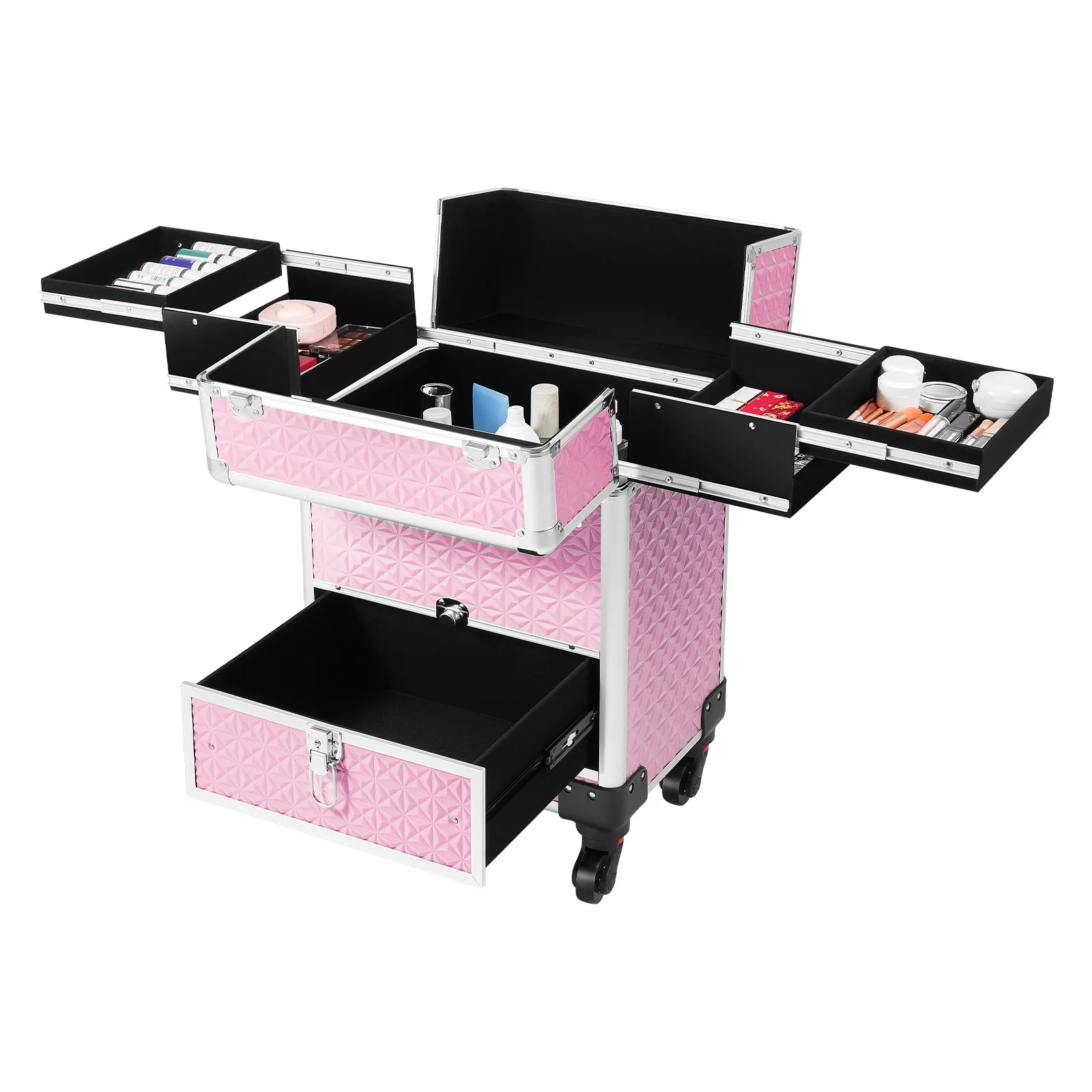 

Розовый косметичка на колесиках с ручкой, многослойный органайзер для хранения с замком для косметических инструментов